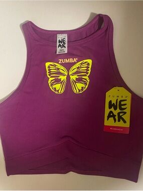 Zumba Fitness Purple Crop Tank with Neon Yellow Butterfly